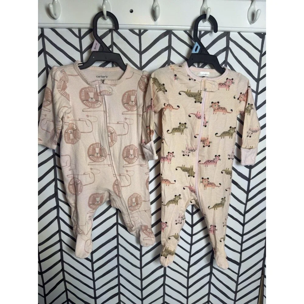 Carter’s Pink Brown Lion Leopard 2Pc Zipper Cotton Sleepers Baby Girl 0-3M 6034